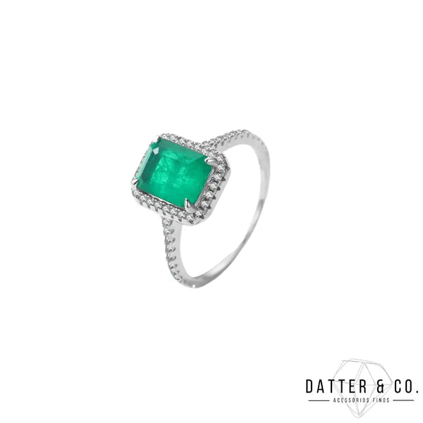 Anel Cravejado com Pedra Halo Verde Esmeralda - Prata 925 Datter 10 