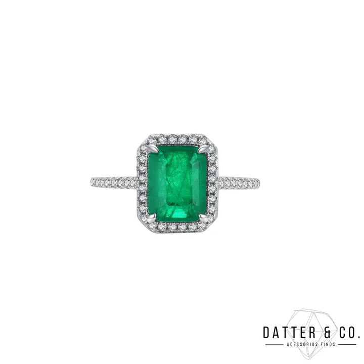 Anel Cravejado com Pedra Halo Verde Esmeralda - Prata 925 Datter 