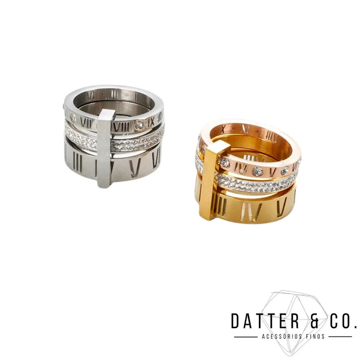 Anel Triplo Algarismos Romanos Luxo - Banhado em ouro 18k Datter 