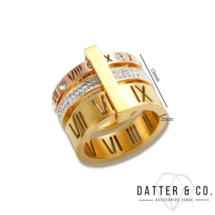 Anel Triplo Algarismos Romanos Luxo - Banhado em ouro 18k Datter 