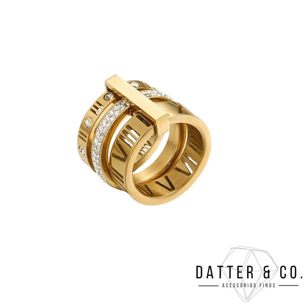 Anel Triplo Algarismos Romanos Luxo - Banhado em ouro 18k Datter Ouro 10 