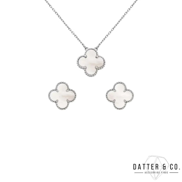 Conjunto Trevo Colar e Brincos Branco - Prata 925